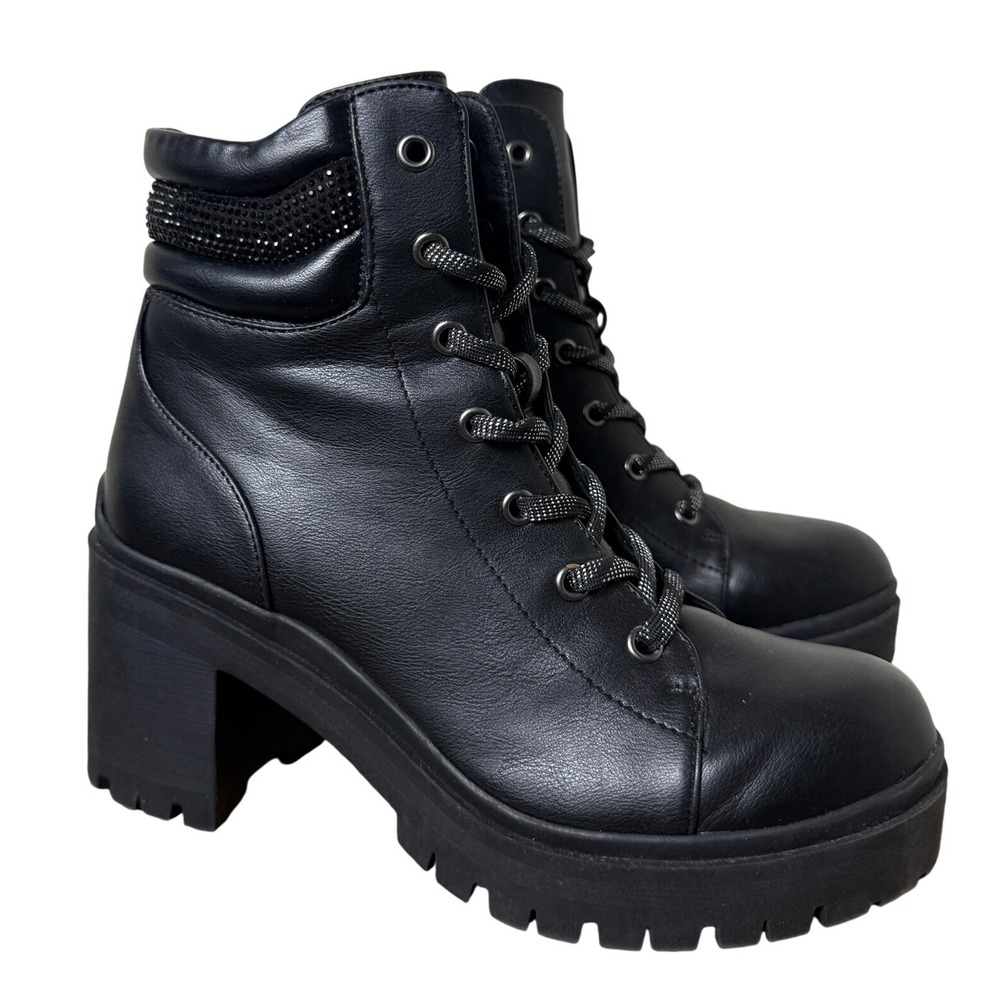 Nine West Chunky Sole Combat Boots Women 7 Black Platform Block Heel Bootie Moto - Picture 3 of 8